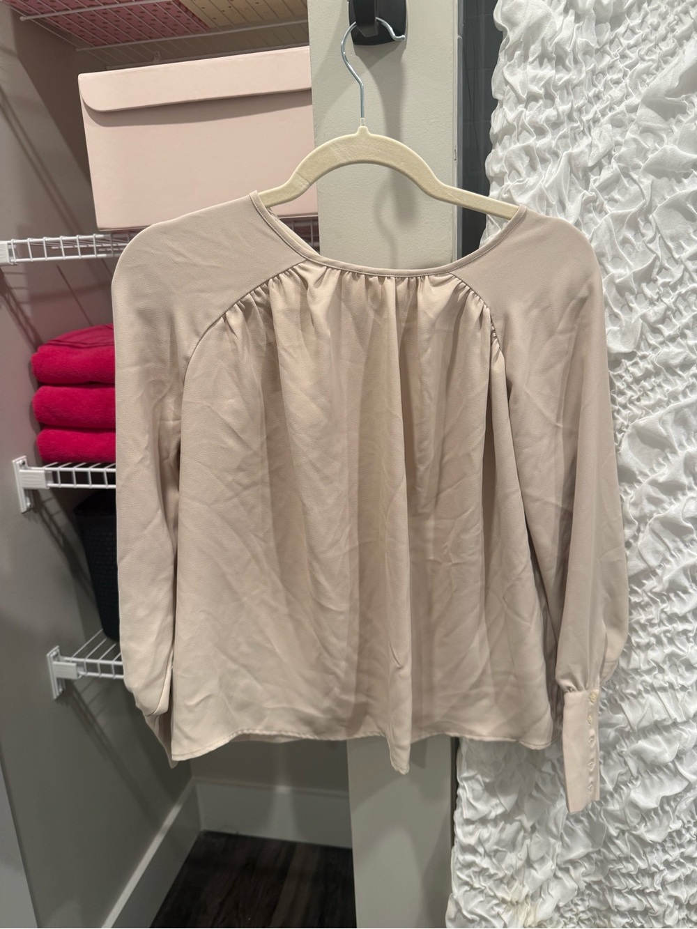 Ann Taylor Beige Pleated Long-Sleeve Blouse
